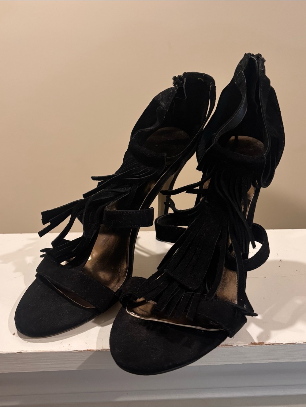 Madden Girl Black Suede Fringe High Heel Sandals